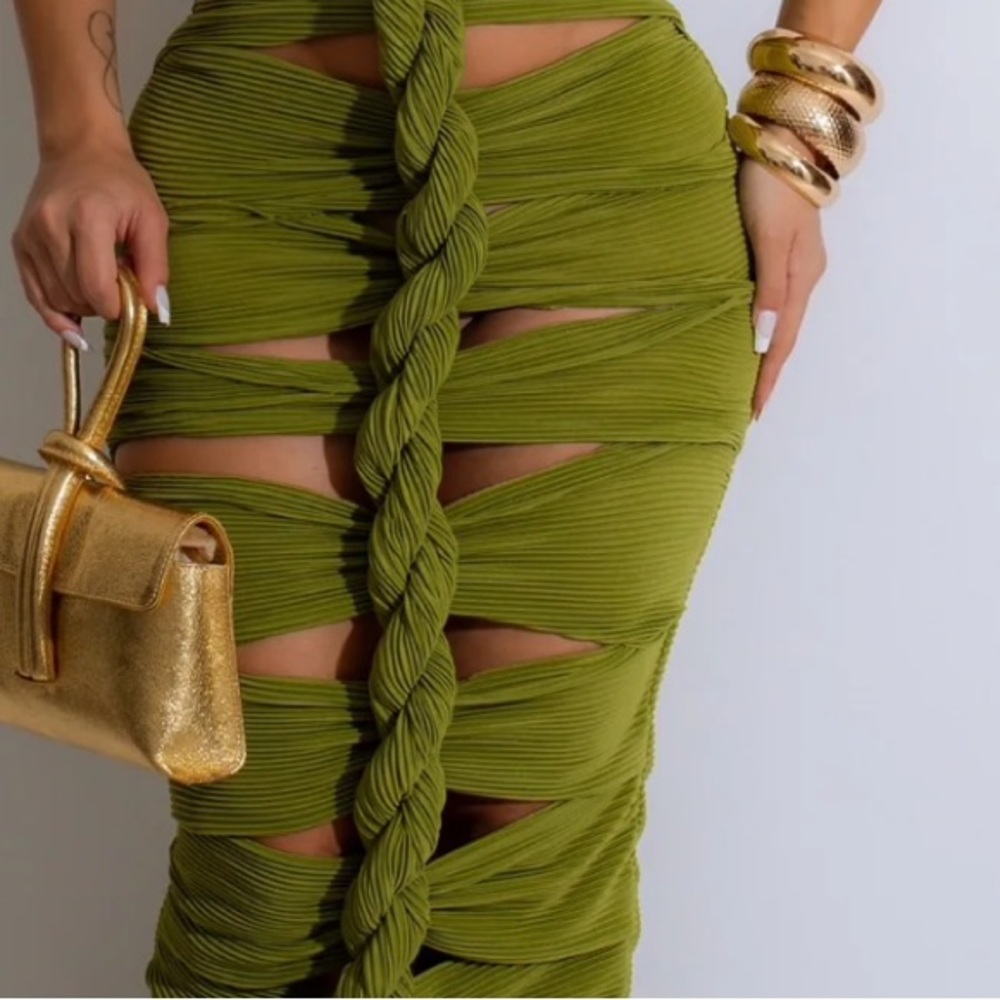 Custom Green Ribbed 2 Piece Dress Set Size L - Picture 6 of 7